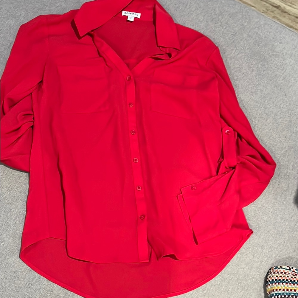 Express Red Button Down Shirt with Notched Collar and Cuffed Sleeves
